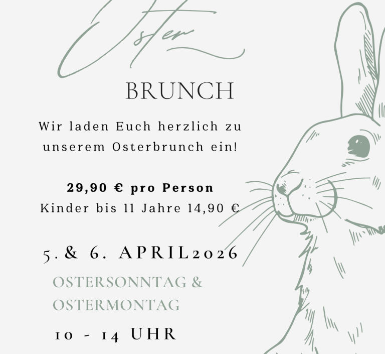 Einladungsflyer zum Oster-Brunch mit Hase, Datum und Preisen für Erwachsene und Kinder.